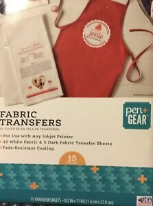 PEN + GEAR FABRIC TRANSFERS SIZE 8.5”  x 11” NEW 15 INK JET PRINTER SHEETS