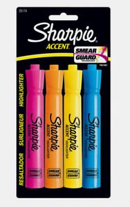 Sharpie Accent HIGHLIGHTERS 4 pk Chisel Neon Assorted Colors Smear-Guard 25174