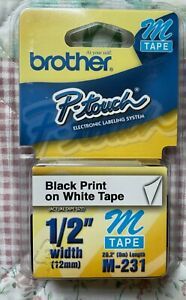 SINGLE-WHITE-Brother M231 P-touch Label Tape 1/2&#034; Black on White 31 Count SEALED