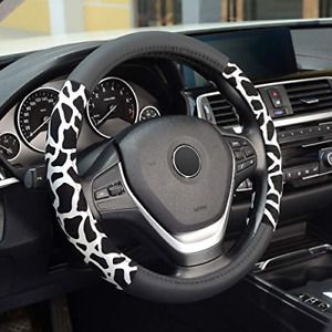KAFEEK Steering Wheel Cover, Universal 15 inch, Black Microfiber Leather, White