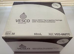 Vesco 60ml Enfit Tip Irrigation Syringe w/transition connector 30 Pack New