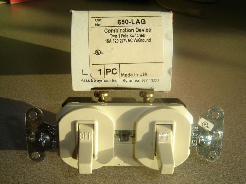 Pass &amp; Seymour 690-LAG Ivory Two Single Pole Switches w/ground 15A 120/277v NIB