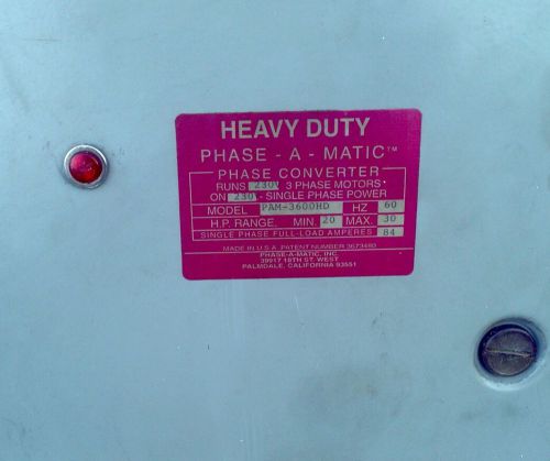 HEAVY DUTY PHASE CONVERTER BY PHASE-A-MATIC MODEL PAM 3600 HD
