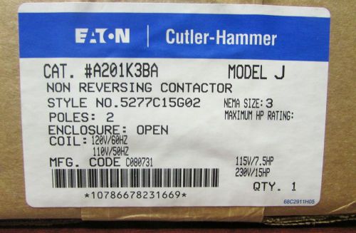 EATON CUTLER HAMMER A201K3BA Size 3 A200 110 120V 2 Pole Contactor