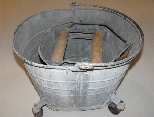 Old vtg antique galvanized tin mop pail set castor wheels industrial metal lot for sale