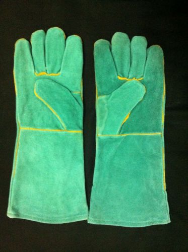 Cattle hide/Leather Industrial Working Long green safety Gloves, fur inside,warm