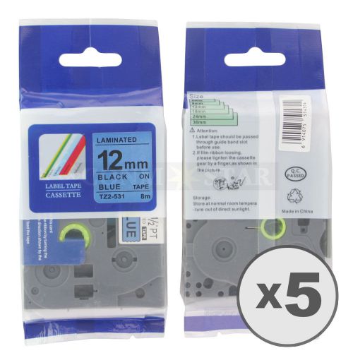 5pk Black on Blue Tape Label Compatible for Brother P-Touch TZ TZe 531 12mm 1/2&#034;