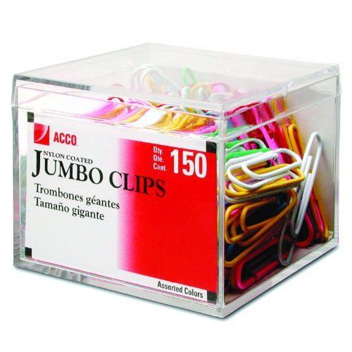 NEW ACCO Multi-colored Nylon Coated Paper Clips  Smooth  Jumbo  150/Box (72520)