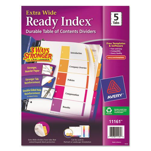 Extra-wide ready index dividers, 5-tab, 9 1/2 x 11, assorted, 5/set for sale