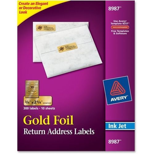 Avery Gold Foil Mailing Label - 0.75&#034; W x 2.25&#034; L - 300/Pack - Inkjet - Gold