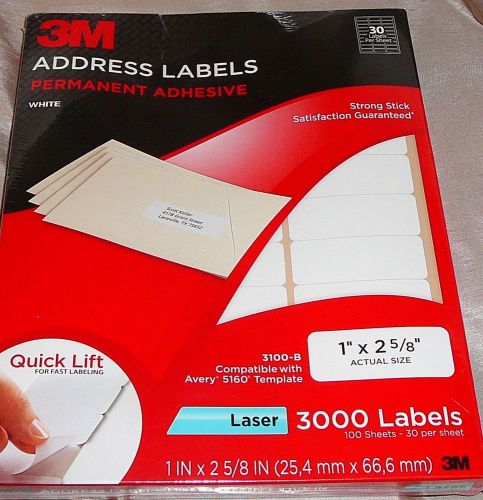 3M Address Labels Permanent Adhesive QTY 3000 1&#034; X2 5/8&#034;  3100-B Laser Printer