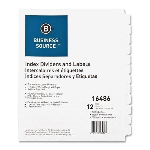 Bsn16486 index dividers, 3hp, 12-tab, 25 sets/bx, white for sale