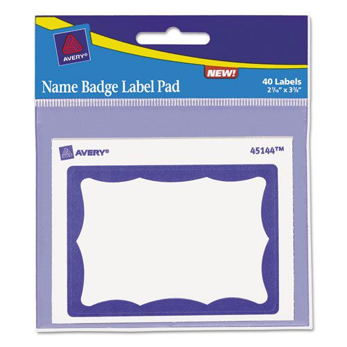 Name badge label pad, 3 x 4 pad, 2-7/16 x 3-3/8 labels, blue/white, 40 labels/pk for sale