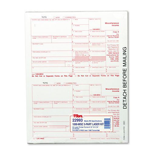 TOPS IRS Approved 1099 Tax Form, 8 x 5.5, 5-Part Carbonless, 50 Forms (TOP22993)