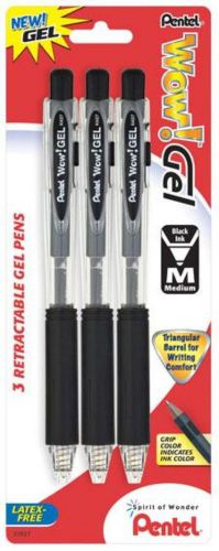 Pentel Wow! Gel Retractable Gel Pen (0.7mm) Medium Line Black Ink 3 Pack Carded