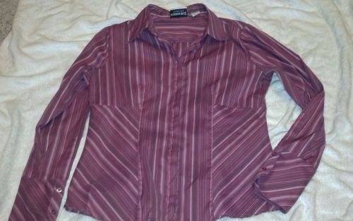Fashion Bug Career Blouse M 8/10/12 Stretch - Pink &amp; Gray Striped L/S shirt top