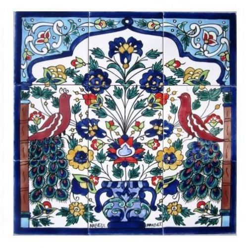 DECORATIVE CERAMIC TILES: MOSAIC PANEL HAND PAINTED WALL PANEL ART 18in x 18in