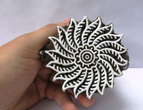 INDIAN WOODEN CARVED TEXTILE PRINTING FABRIC BLOCK STAMP ROUND SPIRAL FLORAL