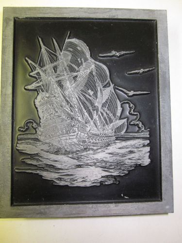 Antique Letterpress Printing Large Engraving on Metal Wood Block 6&#034; Schooner