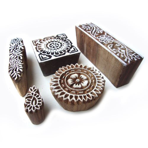 Floral Motifs Hand Carved Wooden Designs Block Printing Tags (Set of 5)
