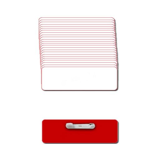 25 BLANK 1 X 3 WHITE / RED NAME BADGES TAGS 1/8&#034; CORNERS &amp; SAFETY PIN BACKS