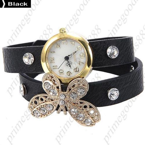 Butterfly Rhinestones PU Leather Quartz Lady Ladies Wristwatch Women&#039;s Black
