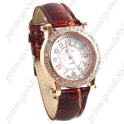 Gold golden round pu leather rhinestones wrist quartz wristwatch women&#039;s brown for sale