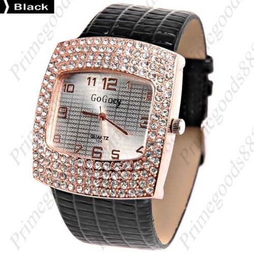 Square Case PU Leather Quartz Rhinestones Lady Ladies Wristwatch Women&#039;s Black