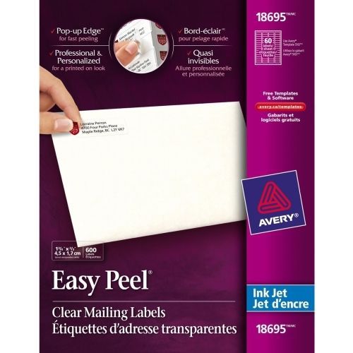Avery Easy Peel Mailing Label - 0.67&#034; W x 1.75&#034; L -600/Pack - Inkjet -Clear