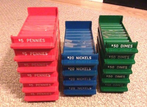 Set of 15 mmf industries rolled coin sorting trays for pennies nickels and dimes for sale