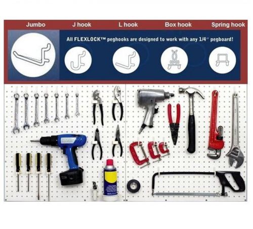 50 assorted white locking poly peg board hooks fit &#034;1/4&#034; in. standard pegboard for sale