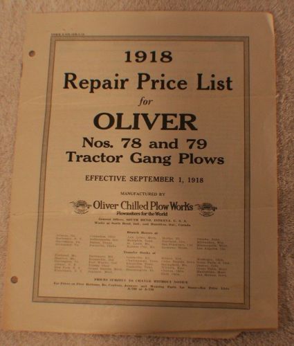 Oliver Nos 78 and 79 tractor gang plows repair price list 1918