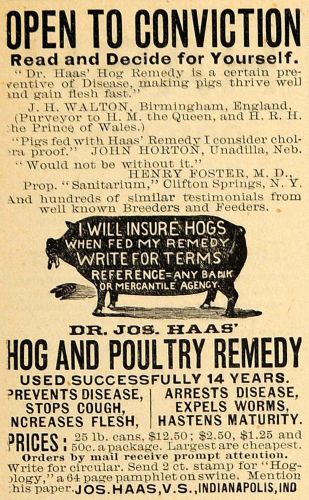 1890 ad dr. haas hog remedy clifton springs testimony henry foster john aag1 for sale