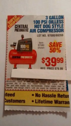 Harbor freight coupon 3 gallon 100 psi oilless hot dog air compressor save $40 for sale