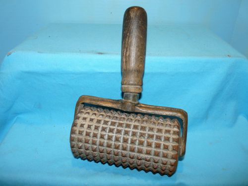 Antique cast iron &amp; wood cement concrete indent texture tool or meat tenderizer for sale