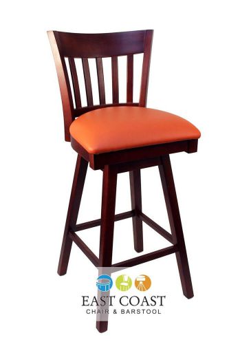 New gladiator mahogany vertical back wooden swivel bar stool - orange vinyl seat for sale