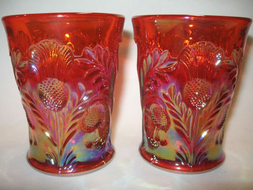 pair of marigold carnival glass inverted thistle pattern tumblers cup goblet set
