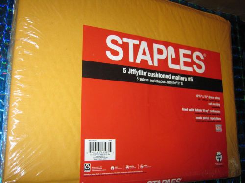 Staples-5 Jiffylite cushioned mailers--10 1/2&#034; x15&#034;-Factory Sealed-Made in USA