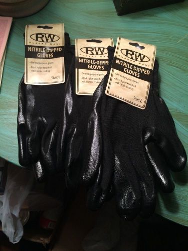 (3) THREE PAIR LARGE (L) NITRILE DIPPED GLOVES BY RUGGED WEAR