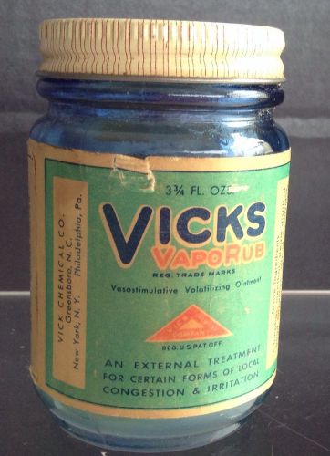 Vtg vicks vaporub glass bottle 3 3/4 oz blue glass vicks vapor rub bottle for sale