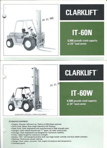 Fork lift truck brochure - clark - it 60 n w - 6,000 lb - c1973 - 2 item (lt164) for sale