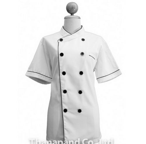 Short sleeve chef coat piping short sleeve black rope thai cjhwd-1 , 1 pcs for sale