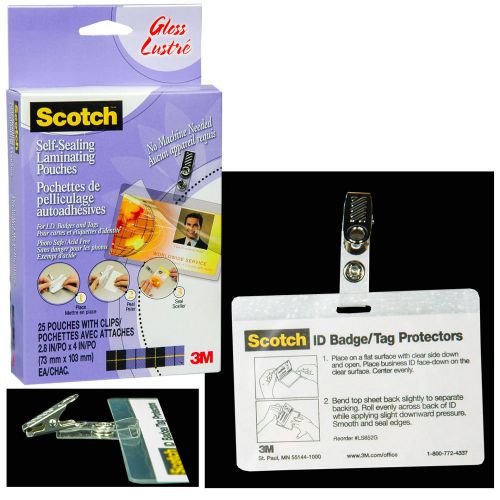 Scotch LS852G Self-Seal ID Badge Laminating Pouches, 25 Pouches With Clips