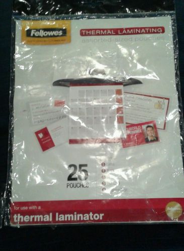 FELLOWS, 25 ASSORTED PACK THERMAL LAMINATING POUCHES - NEW 5 sizes S-L