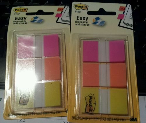 120 (LOT OF 2) 3M Post-It Flags Pink, Yellow, Orange, 60 flags/pk 0.94x1.7&#034;