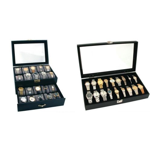 Lockable Glass Top Faux Leather Watch Jewelry Display Cases 20 &amp; 18pc Kit 2 Pcs