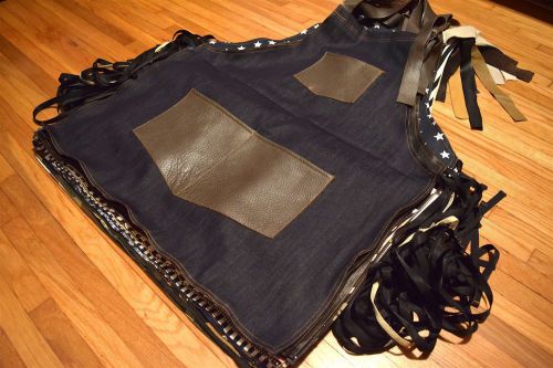 Dark blue denin apron brown leather pockets for tools woodwork &amp; crafts for sale