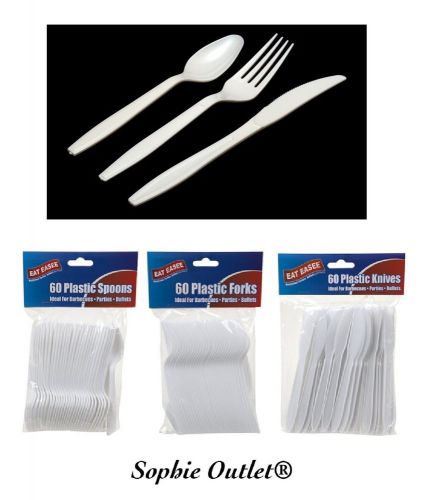 Heavy Duty Disposable Cutlery White Plastic Knives - Spoons - Forks Party BBQ