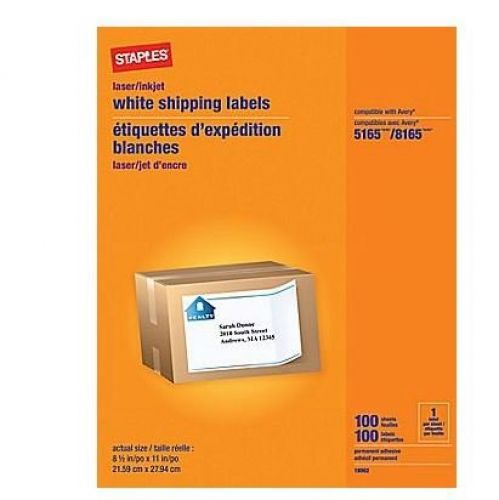 Staples white inkjet/laser full sheet shipping labels, 8-1/2&#034; x 11, 100/box for sale