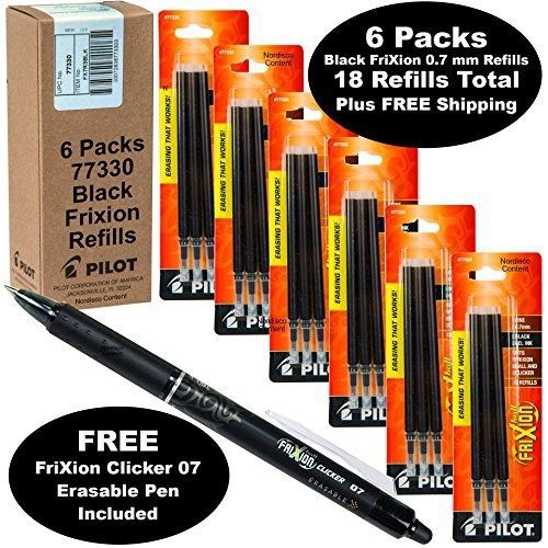 Pilot Frixion Pen Refills 0.7 Mm Fine 77330, Black Gel Erasable Ink, 6 Packs of